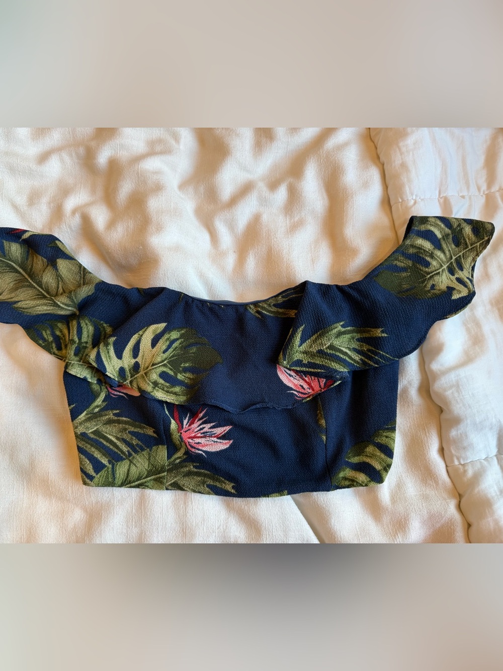 Windsor Navy Tropical Off-Shoulder Crop Top with Green Leaf Print